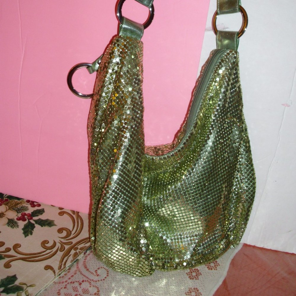 HANANEL Chartruese Modern 70s Pocketbook Metallic Iridescent Khaki Mesh Paillett